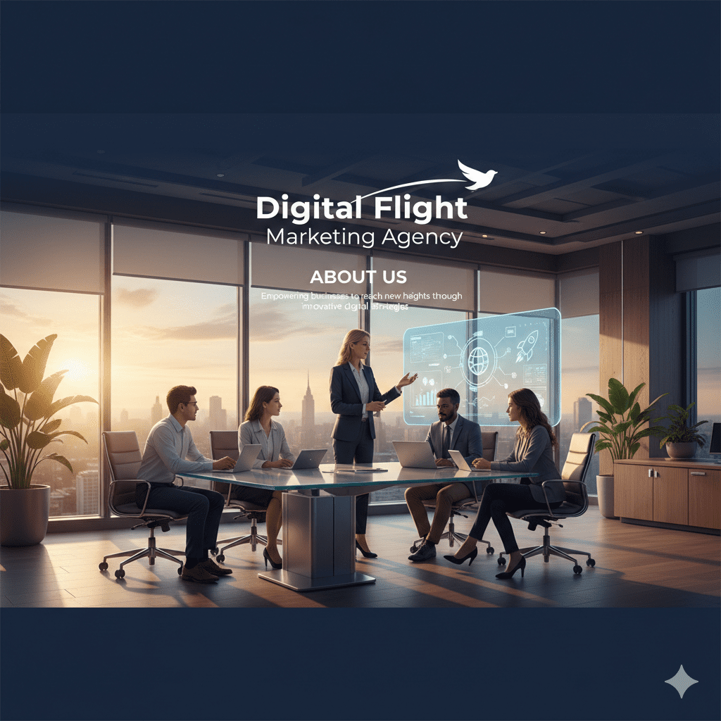 A modern office meeting with five business professionals seated around a glass conference table, collaborating while a woman stands presenting in front of a digital screen displaying charts and marketing icons. The room features large windows with a city skyline at sunset, representing the Digital Flight Marketing Agency’s professional and innovative environment.