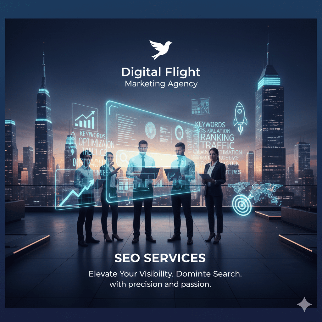 A team of professionals standing on a rooftop overlooking a futuristic city skyline, analyzing holographic SEO dashboards displaying keywords, ranking metrics, traffic charts, and optimization data. The scene represents Digital Flight Marketing Agency’s SEO services focused on boosting visibility and search performance.