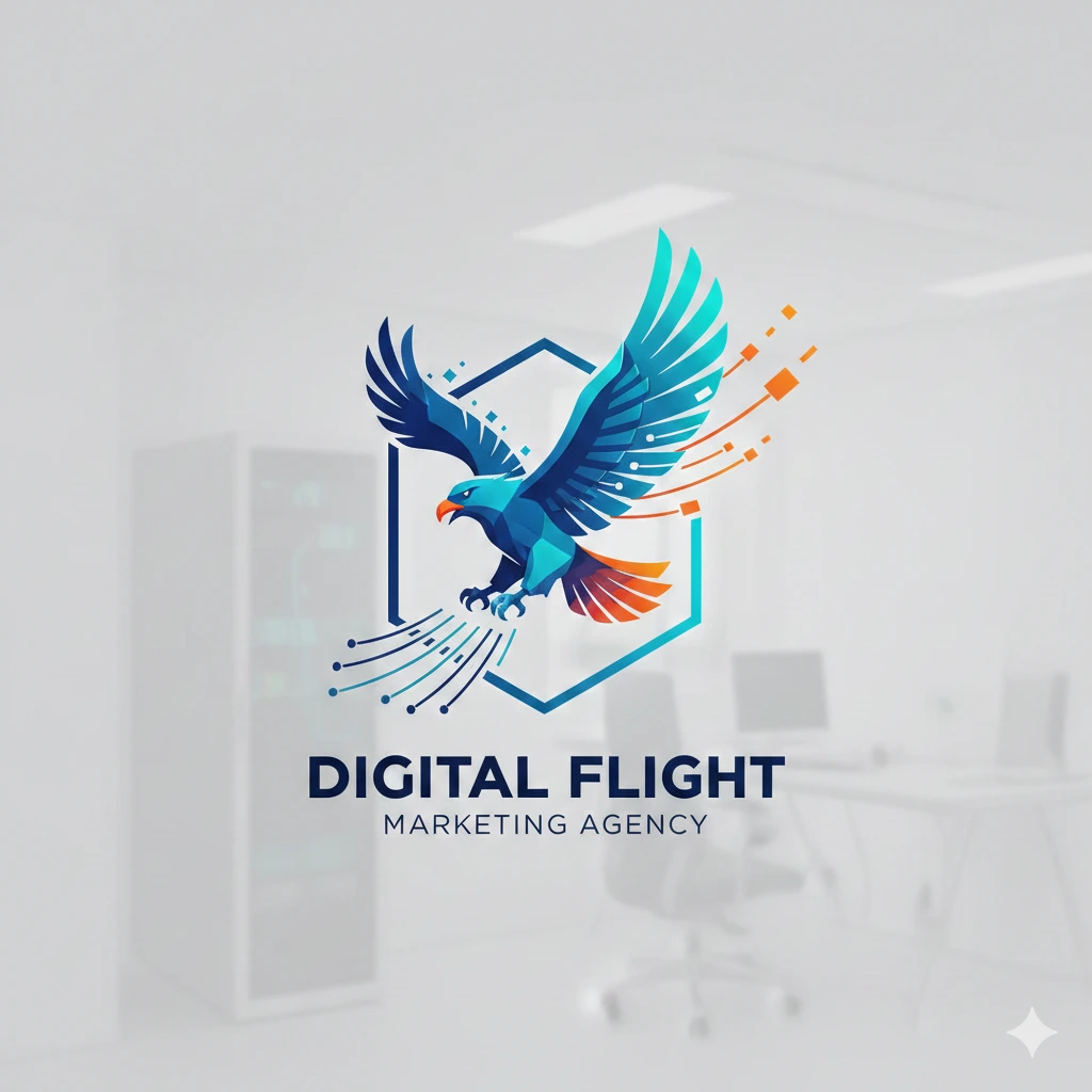 "A vibrant digital marketing agency logo featuring a colorful flying eagle with tech-inspired design elements and the text 'Digital Flight Marketing Agency' below."