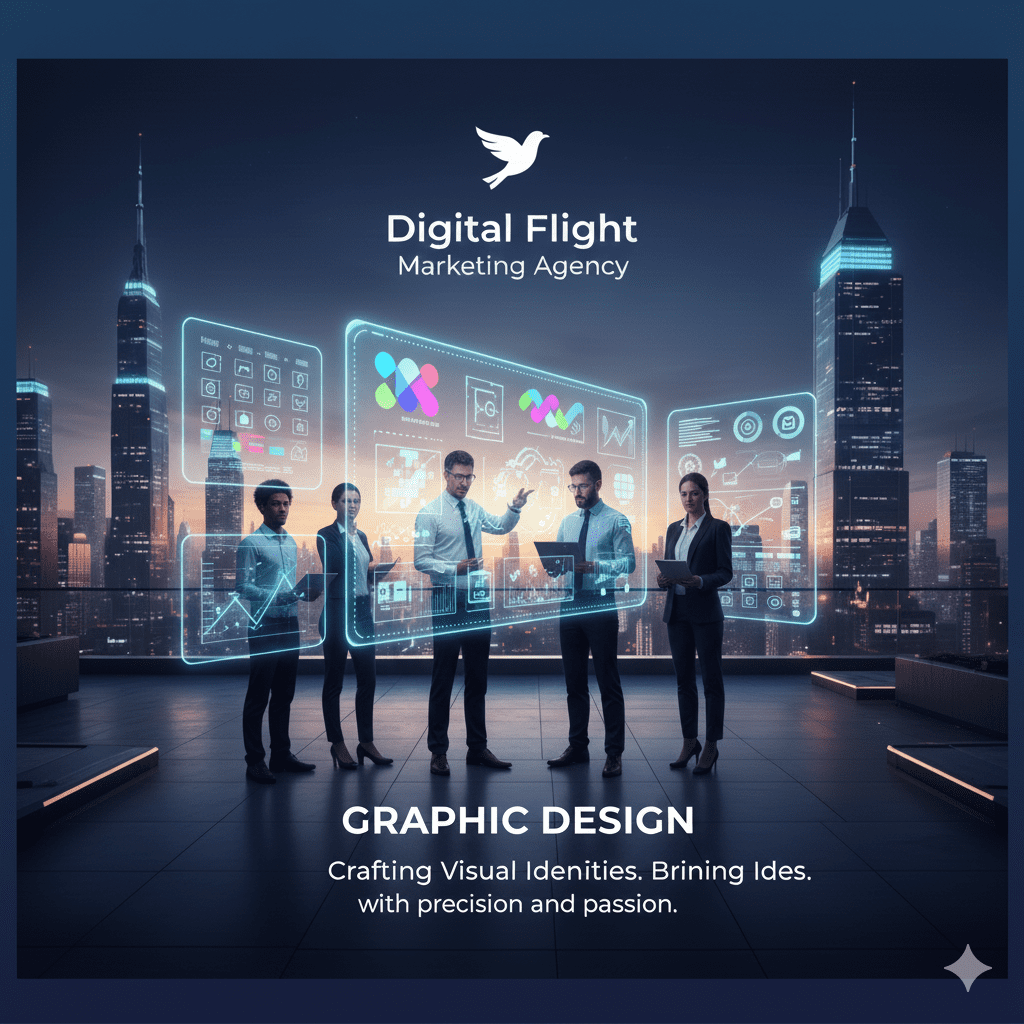 A group of professionals standing on a rooftop with a futuristic city skyline behind them, interacting with holographic screens displaying design tools, color palettes, branding elements, and creative graphics. The scene represents Digital Flight Marketing Agency’s graphic design services focused on crafting strong visual identities.