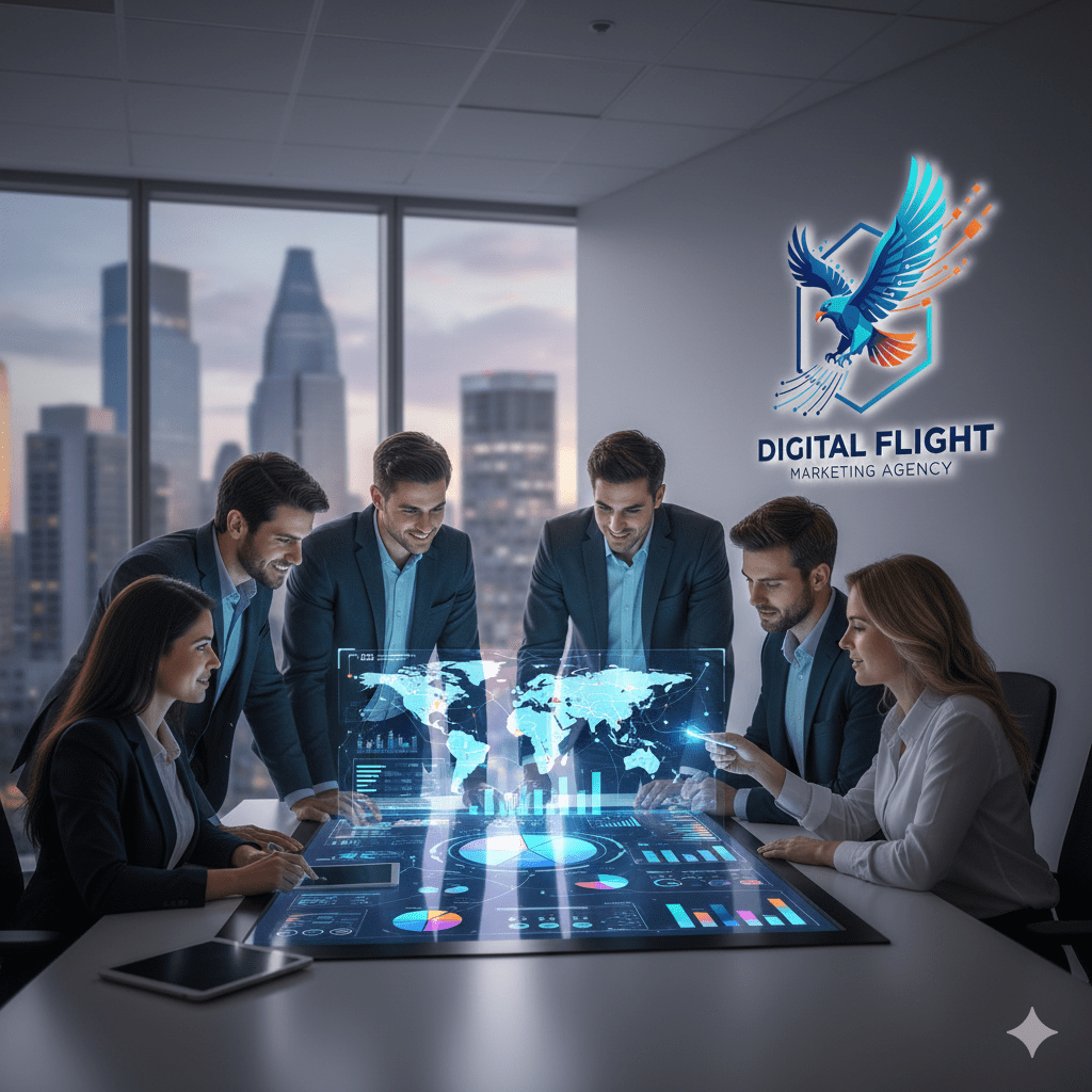 Team working on laptops around a futuristic digital analytics table in a high-tech office, with the Digital Flight Marketing Agency logo displayed above.