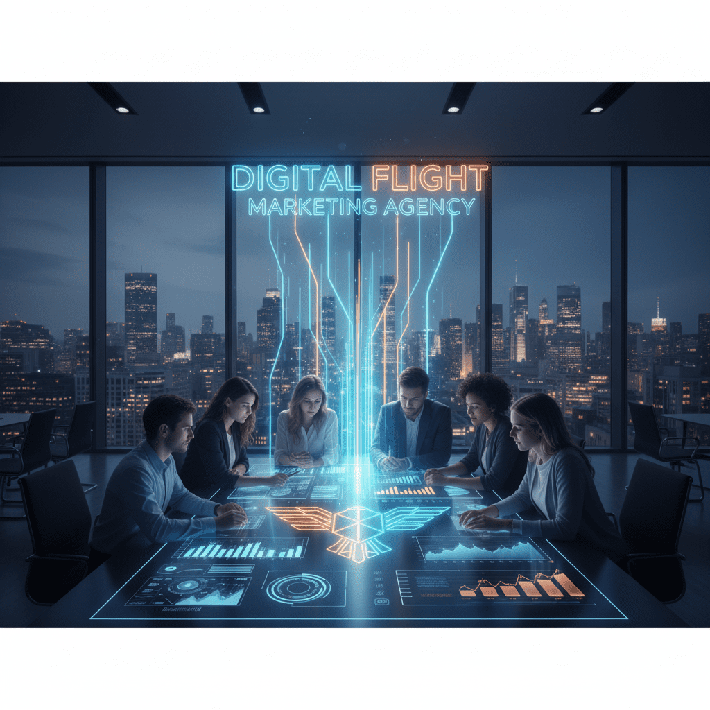 Team collaborating around a futuristic digital analytics table in a high-rise office at night, with the Digital Flight Marketing Agency logo glowing above the city skyline