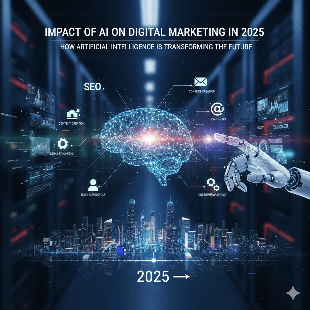 Digital illustration showing the impact of AI on digital marketing in 2025, featuring a glowing AI brain, robotic hand, data analytics icons, SEO elements, content creation graphics, and a futuristic cityscape.